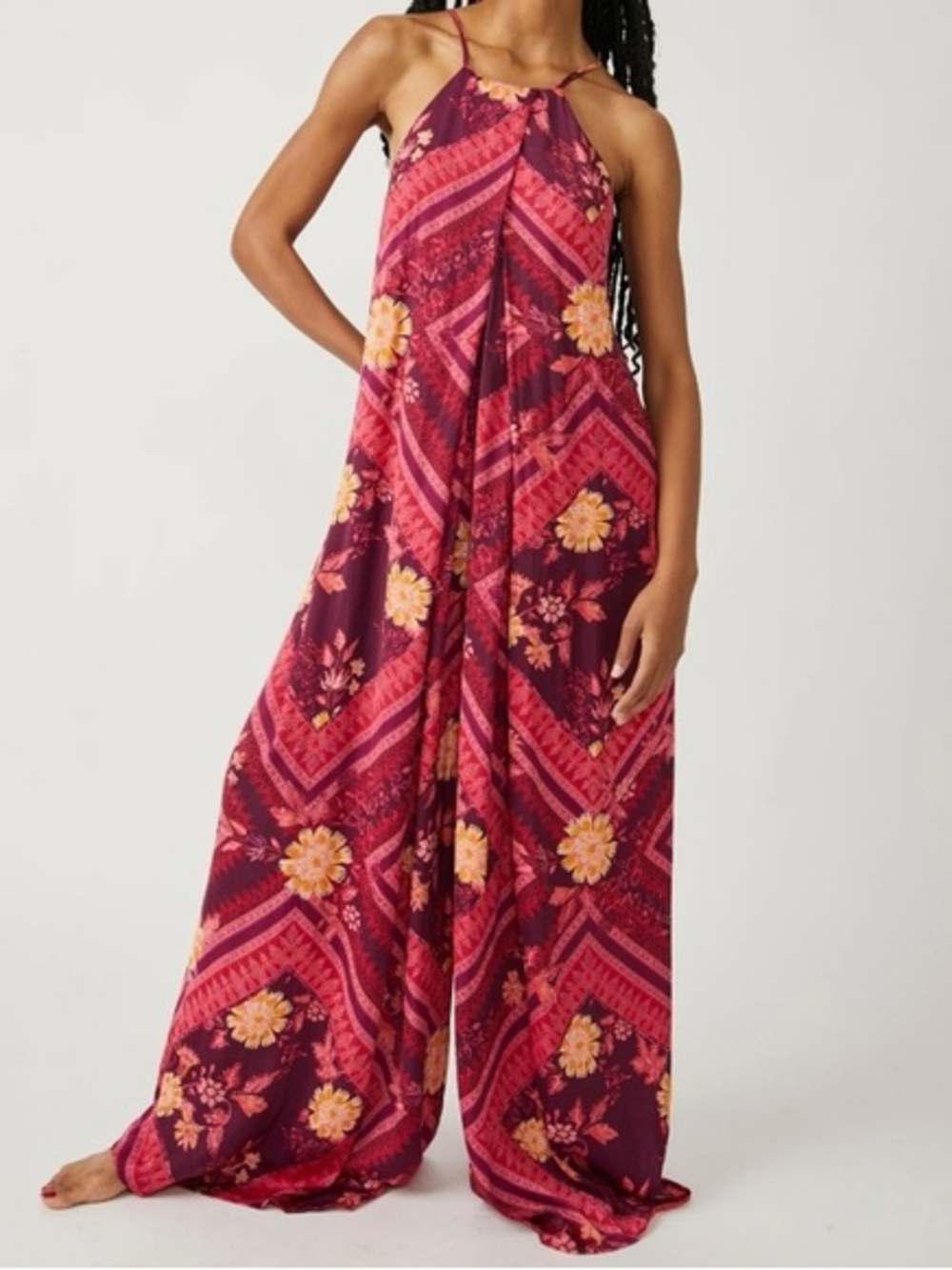 Free People Luca Floral Halter Neck Wide Leg Jumpsuit in raspberry Pink Burgundy